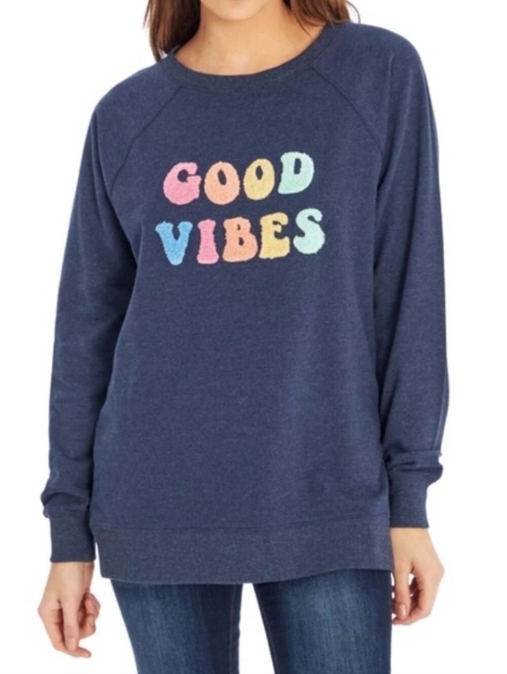 Wikdfox Good Vibes Intarsia Oversized Crewneck Roadtrip Sweater Blue Size XL